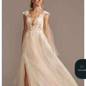 NWT Galina Signature Illusion Cap Sleeve Lace Appliqued Wedding Dress